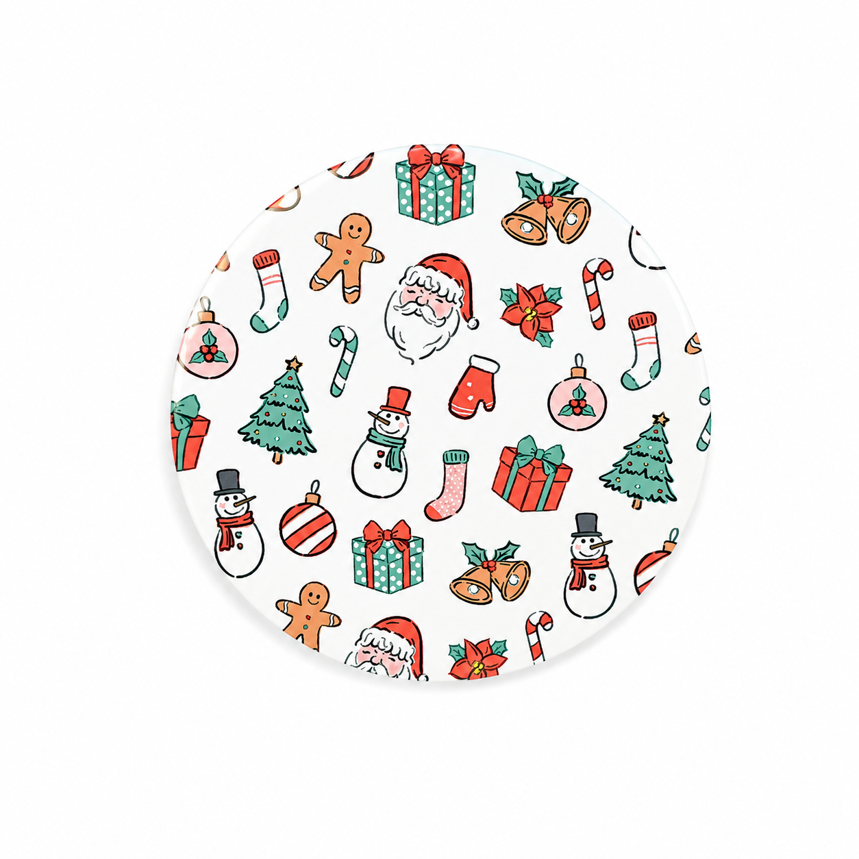 Classic Christmas hard board add-on featuring Santa, snowmen, trees, presents, stockings, bells, gingerbread, candy canes, and ornaments, compatible with interchangeable badge reel bases.