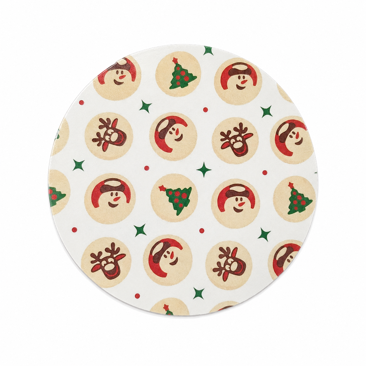 Reindeer Christmas hard board add-on featuring retro reindeer, Christmas trees, and green stars, compatible with interchangeable badge reel bases.