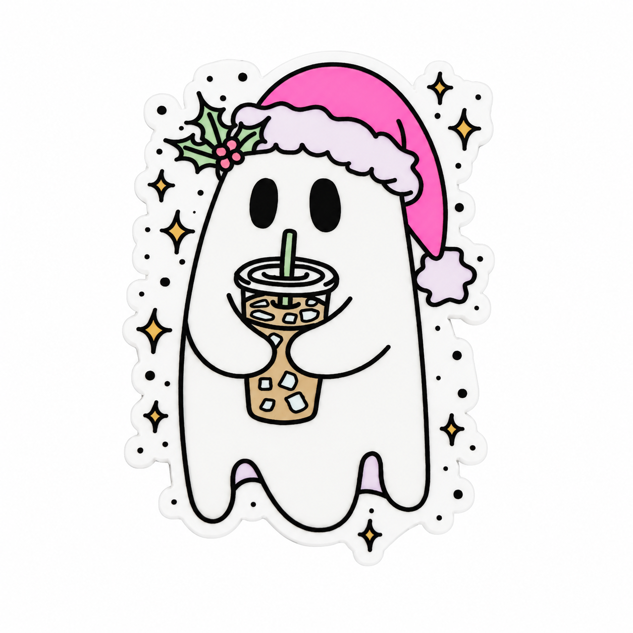 Christmas ghost plastic add-on with pink Santa hat, boba-style drink, and sparkle accents, compatible with interchangeable badge reel bases.