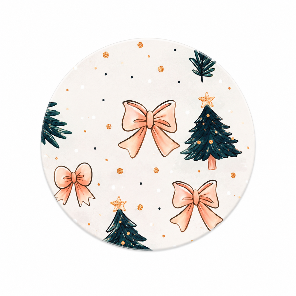 Pink bow Christmas tree hard board add-on featuring blush bows, dark evergreen trees, gold stars, and dotted accents, compatible with interchangeable badge reel bases.