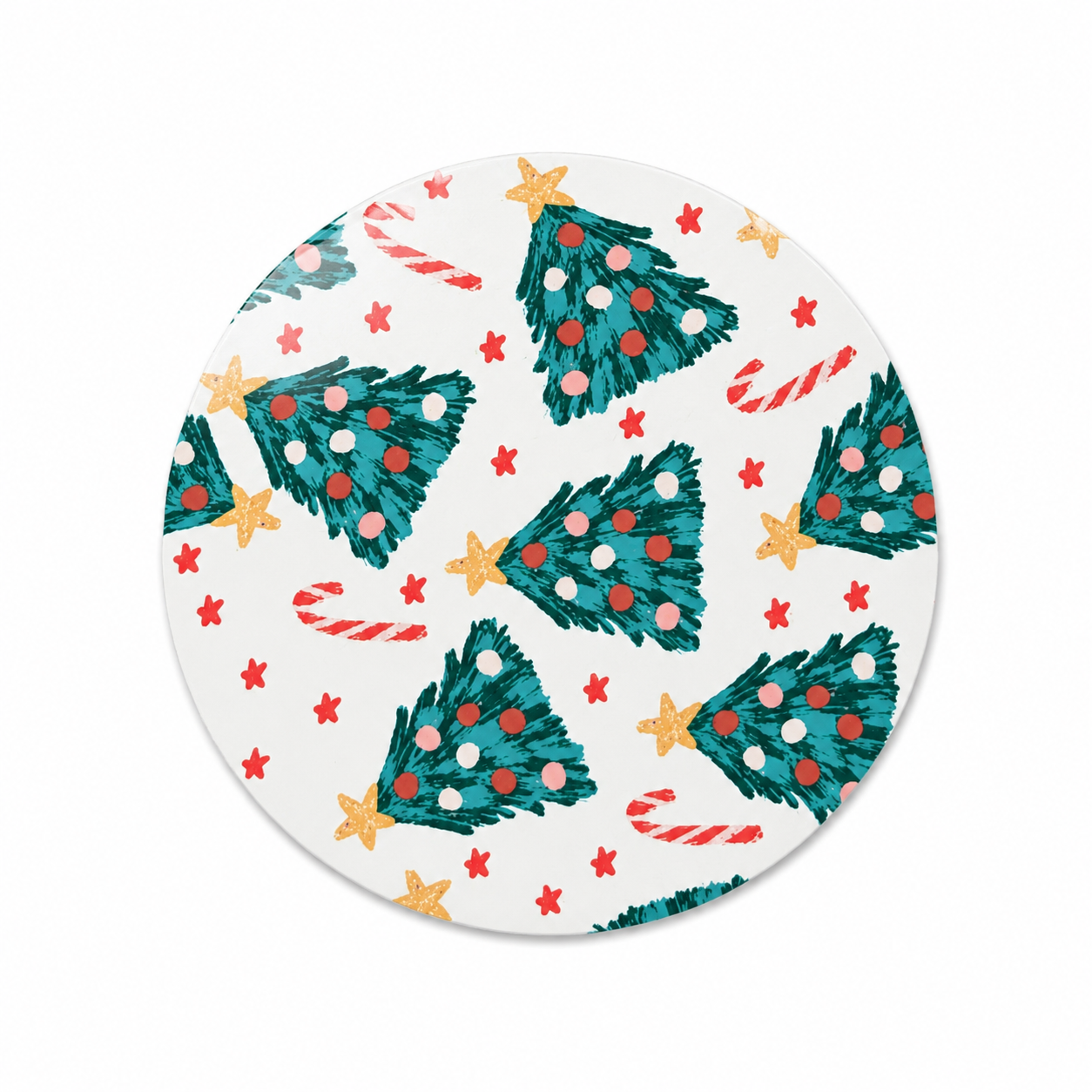 Christmas Trees hard board add-on featuring decorated evergreen trees, red-and-white candy canes, and gold and red stars, compatible with interchangeable badge reel bases.