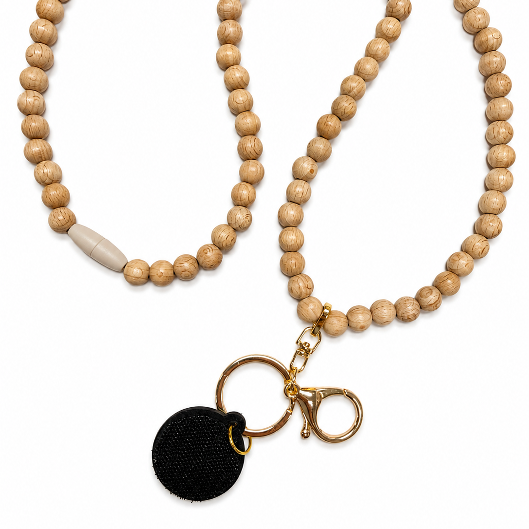 Classic natural wood beaded interchangeable lanyard with gold-tone hardware and attached hook-and-loop disc, compatible with Badge Beauties interchangeable hardboards and plastic add-ons.