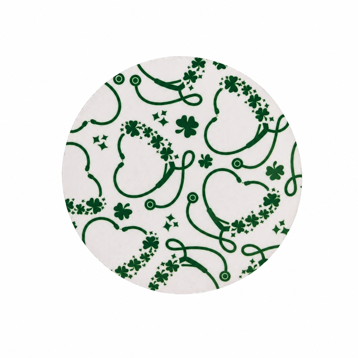 Clover Stethoscope hard board add-on featuring green stethoscopes with shamrocks and lucky clovers, compatible with interchangeable badge reel bases.