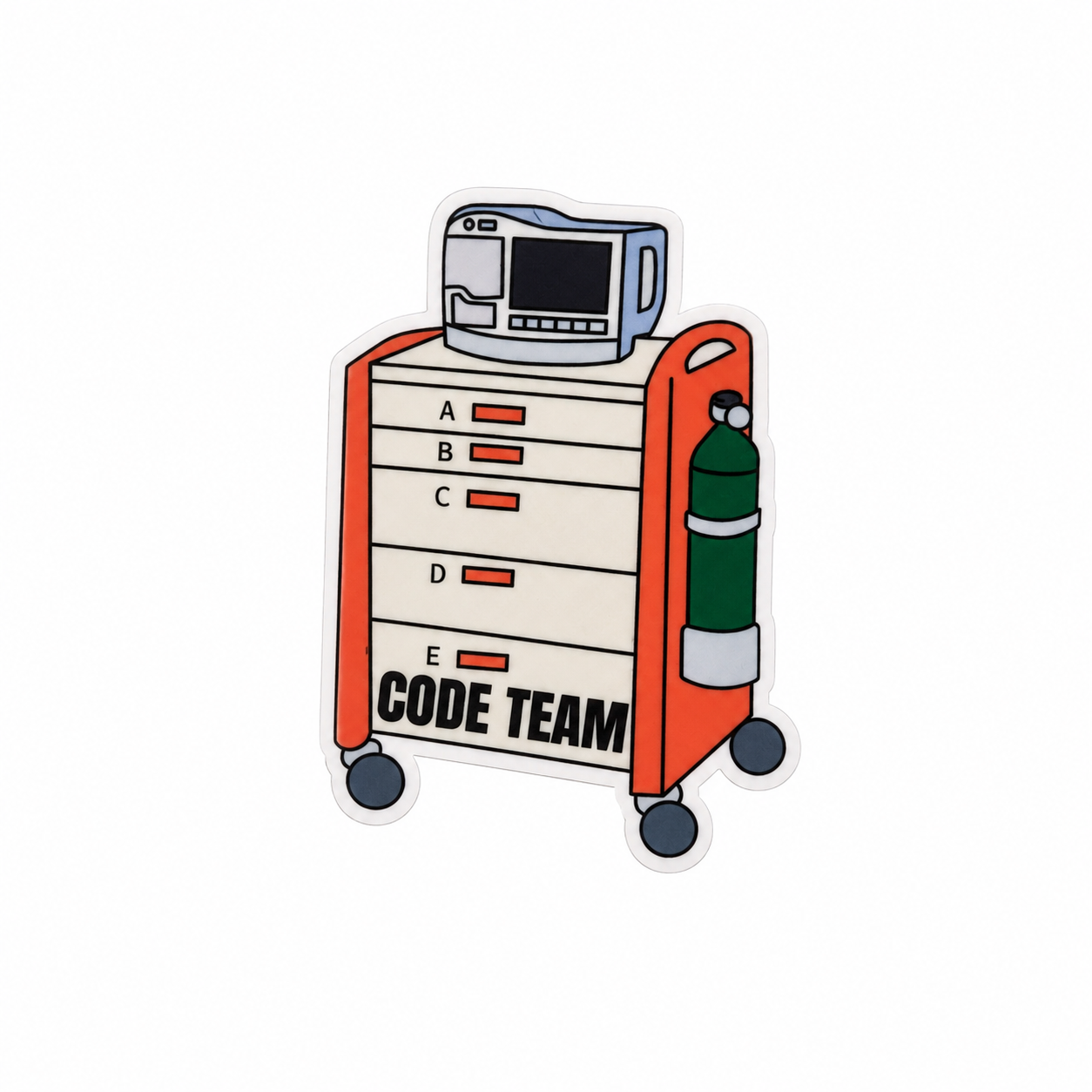 CODE TEAM plastic add-on with crash cart, monitor, and oxygen tank design, compatible with interchangeable badge reel bases for emergency healthcare workers.