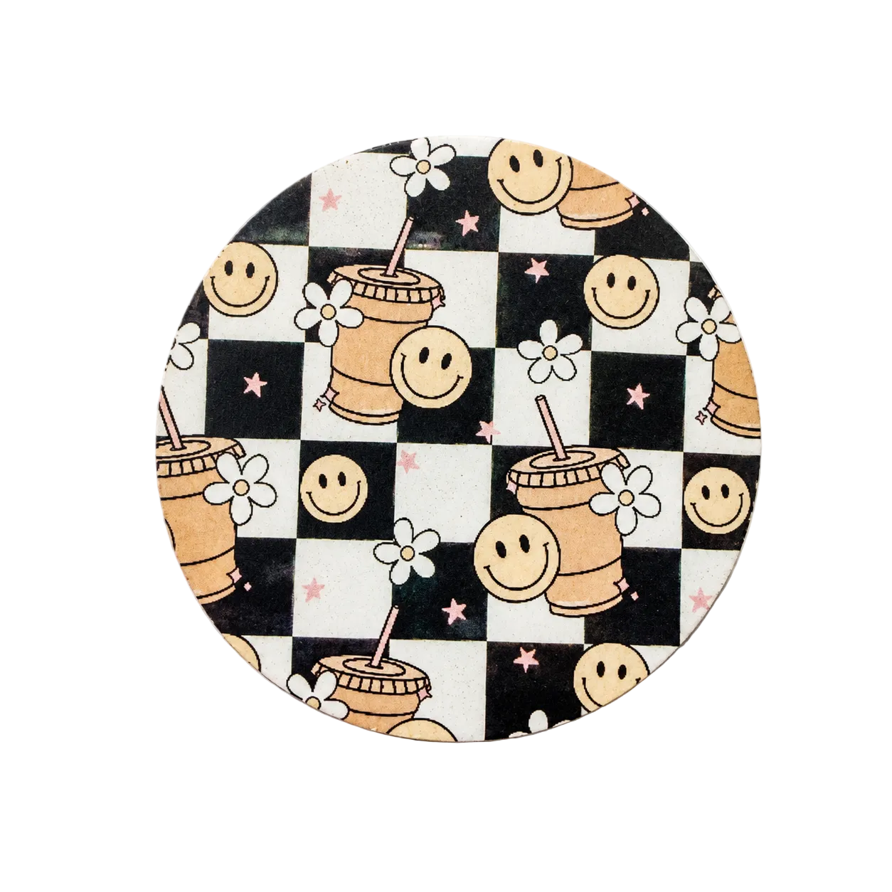Coffee and Smiles hard board add-on featuring smiling coffee cups, smiley faces, daisies, and a black checkered pattern, compatible with interchangeable badge reel bases.