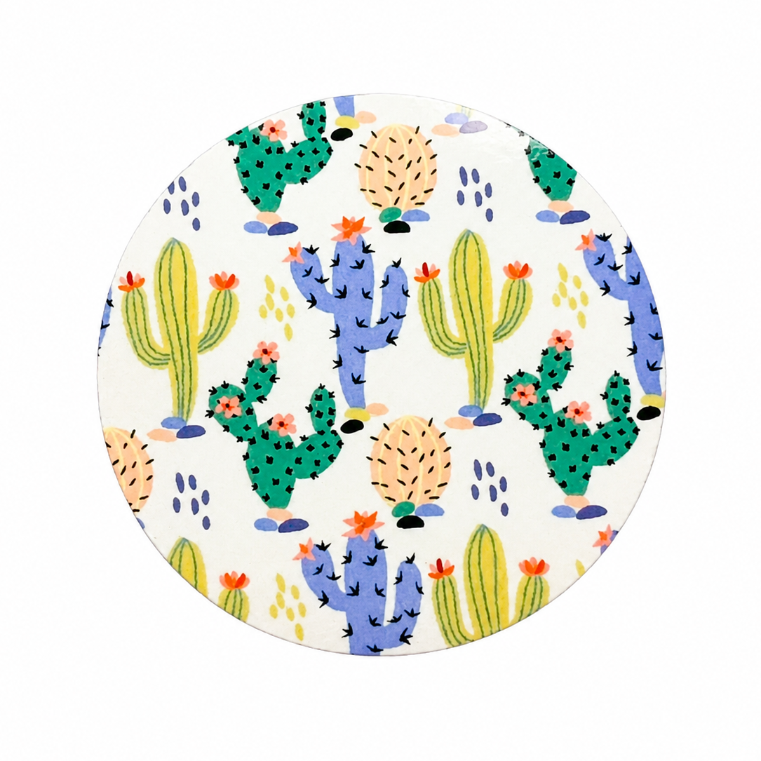 Colorful cactus hard board add-on featuring a playful Southwestern cactus pattern, compatible with interchangeable badge reel bases for a boho work accessory.