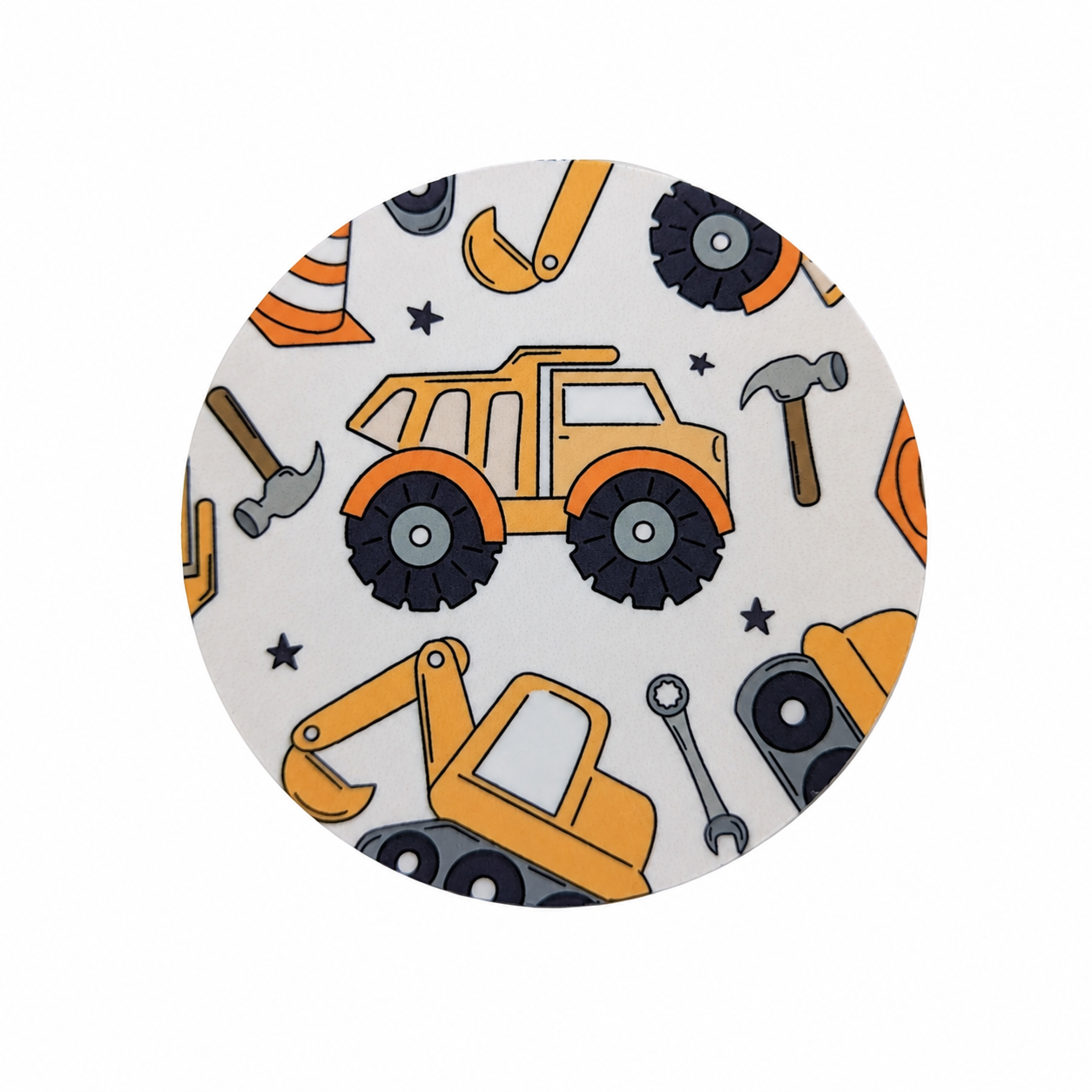 Pediatric Construction hard board add-on featuring dump trucks, excavators, construction tools, traffic cones, and hard hats, compatible with interchangeable badge reel bases.
