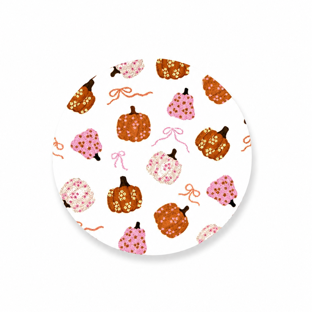 Coquette Pumpkins hard board add-on featuring floral pumpkins, pink bows, and a feminine fall pattern, compatible with interchangeable badge reel bases. Cute autumn work badge accessory.