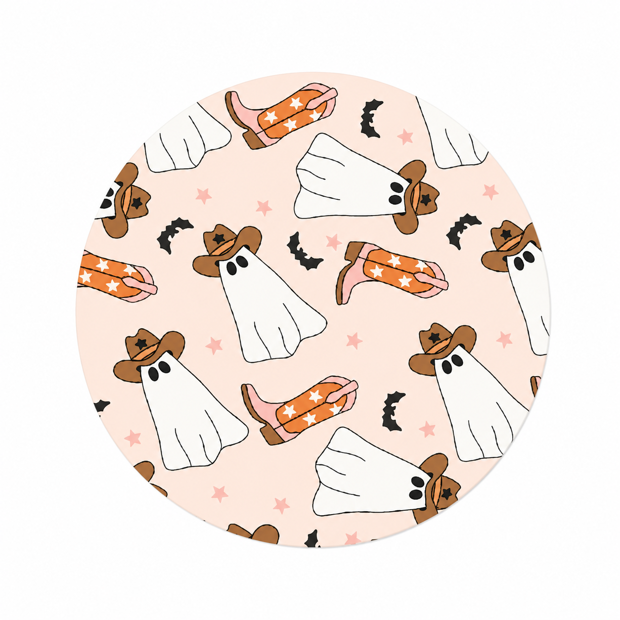 Cowboy Ghost Boots hard board add-on featuring ghosts with cowboy hats, pink cowboy boots, bats, and stars, compatible with interchangeable badge reel bases.