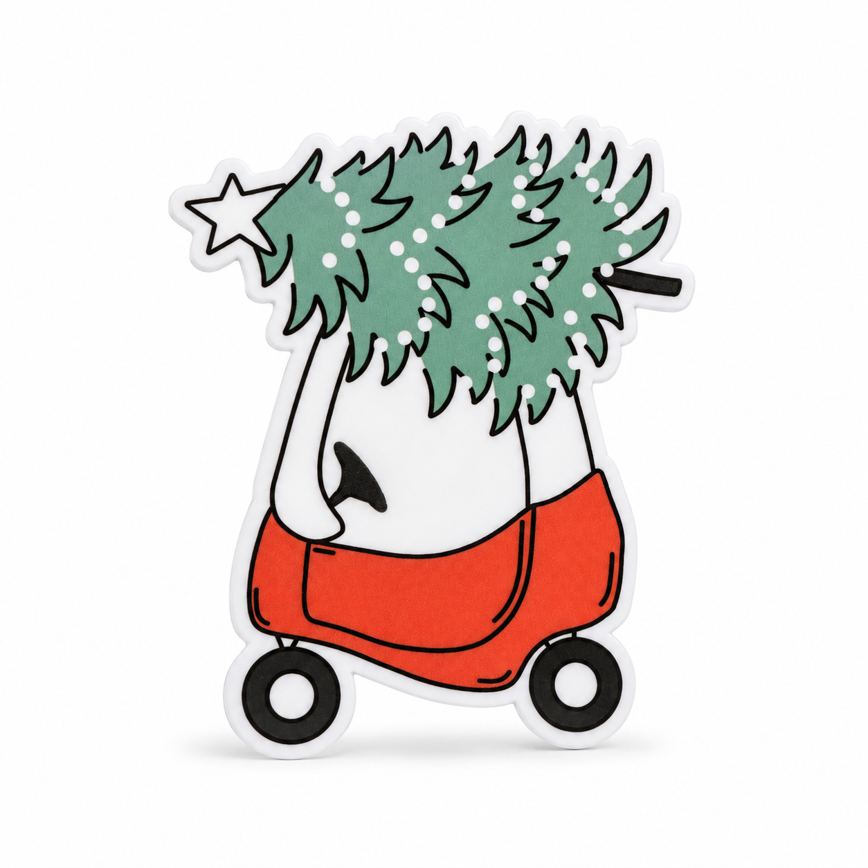 Christmas plastic add-on showing a toy car carrying a lit Christmas tree, compatible with interchangeable badge reel bases.