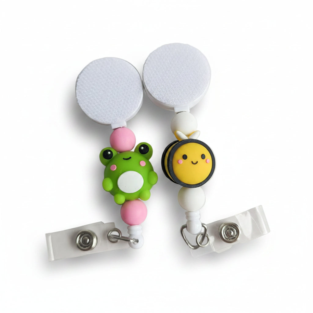 Frog and bee interchangeable beaded badge reel with beads.