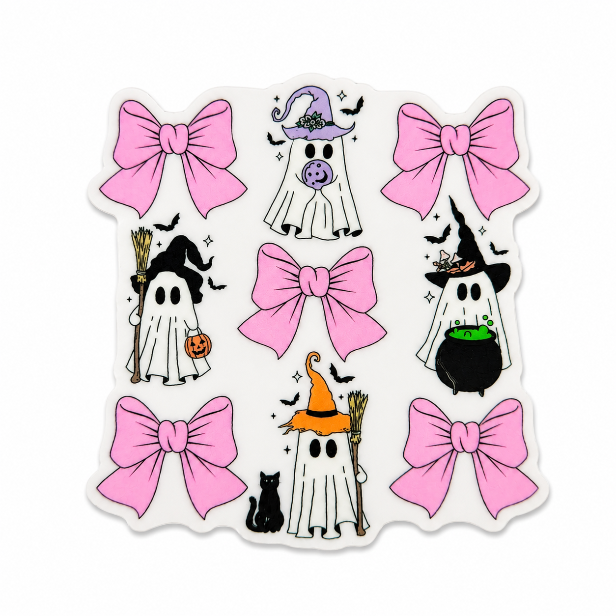 Plastic add-on featuring cute Halloween ghosts with witch hats, pink bows, a cauldron, broomsticks, and a black cat, compatible with interchangeable badge reel bases.