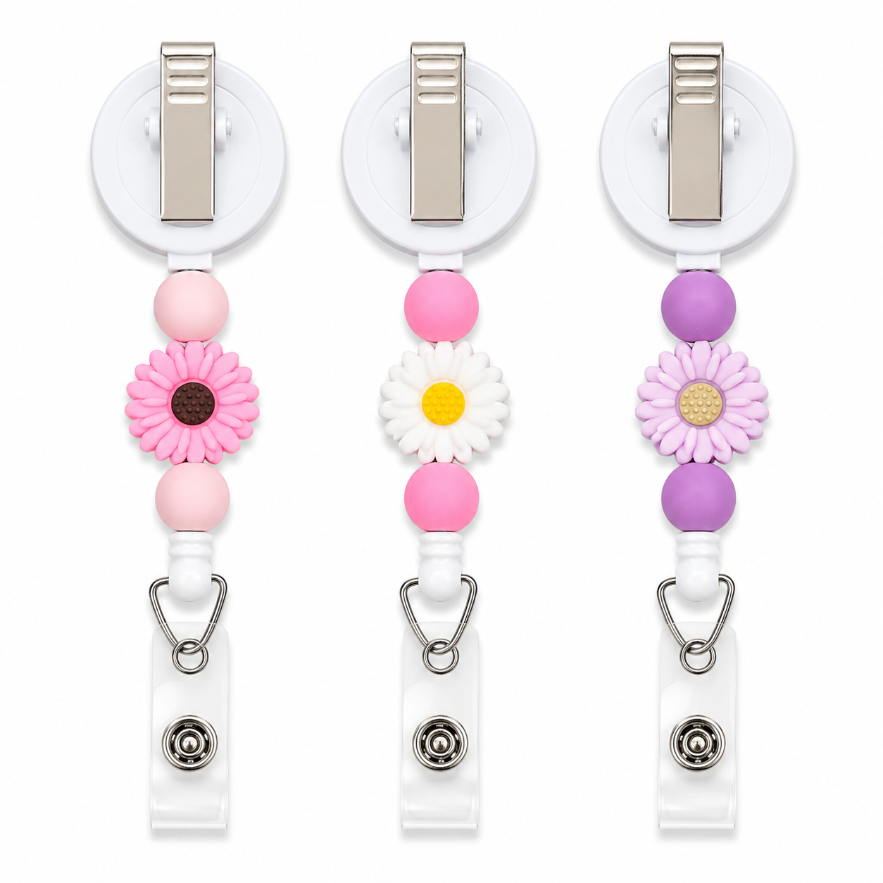 Interchangeable beaded badge reel with daisy flower focal bead available in pink, white, and lavender color options.