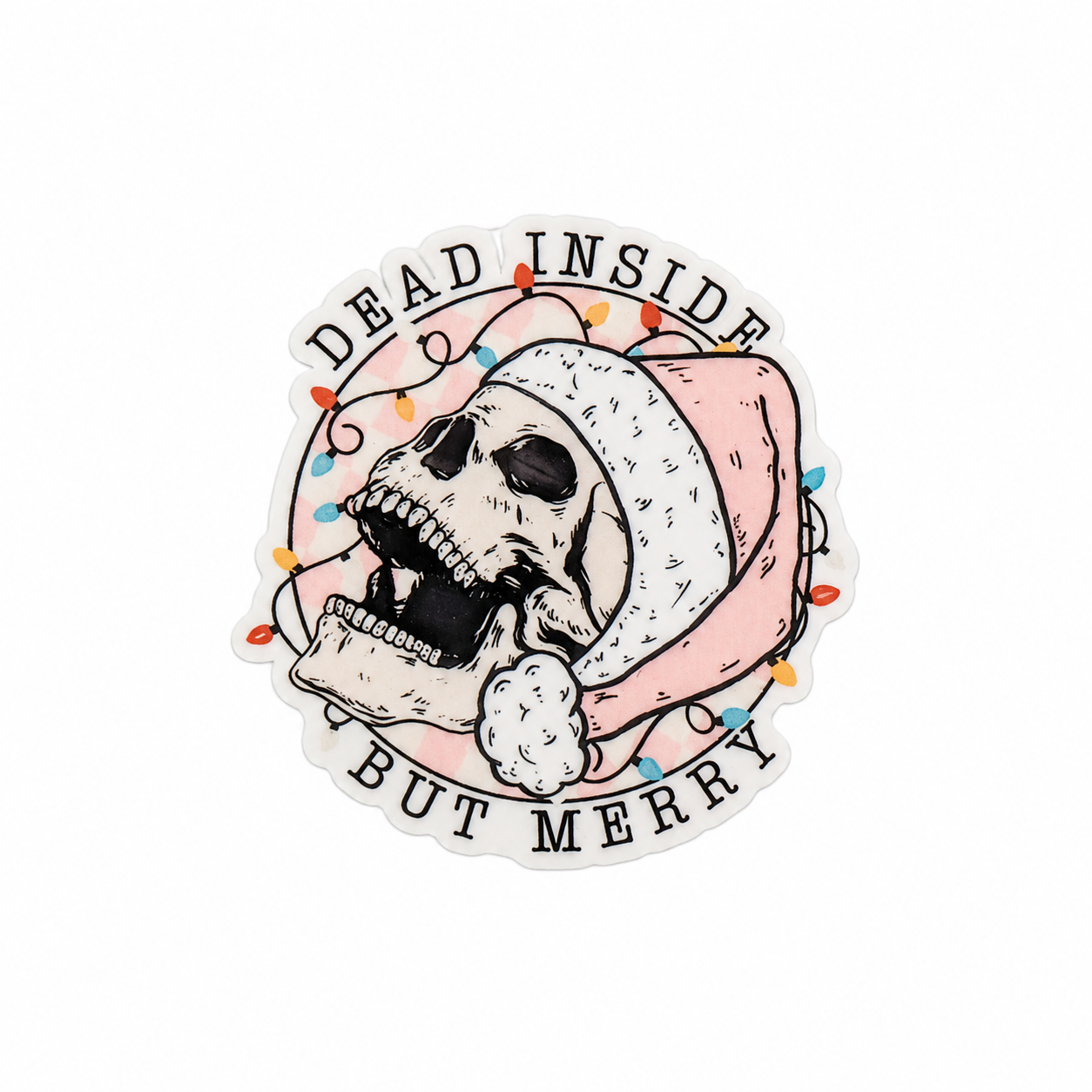 DEAD INSIDE BUT MERRY plastic add-on with skull, pink Santa-style hat, and Christmas lights, compatible with interchangeable badge reel bases.