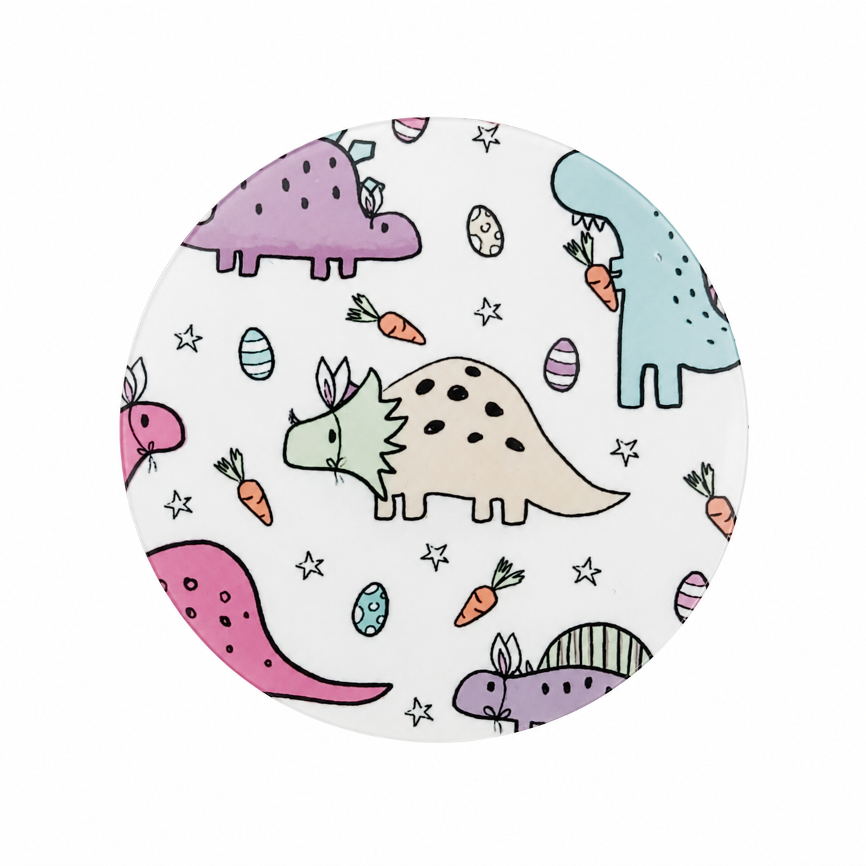 Dino Bunny Easter hard board add-on featuring pastel dinosaurs with bunny ears, Easter eggs, carrots, and stars, compatible with interchangeable badge reel bases.