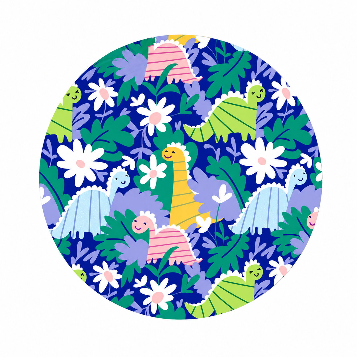 Cute Dinosaur Jungle hard board add-on featuring smiling pastel dinosaurs, tropical leaves, and flowers, compatible with interchangeable badge reel bases.