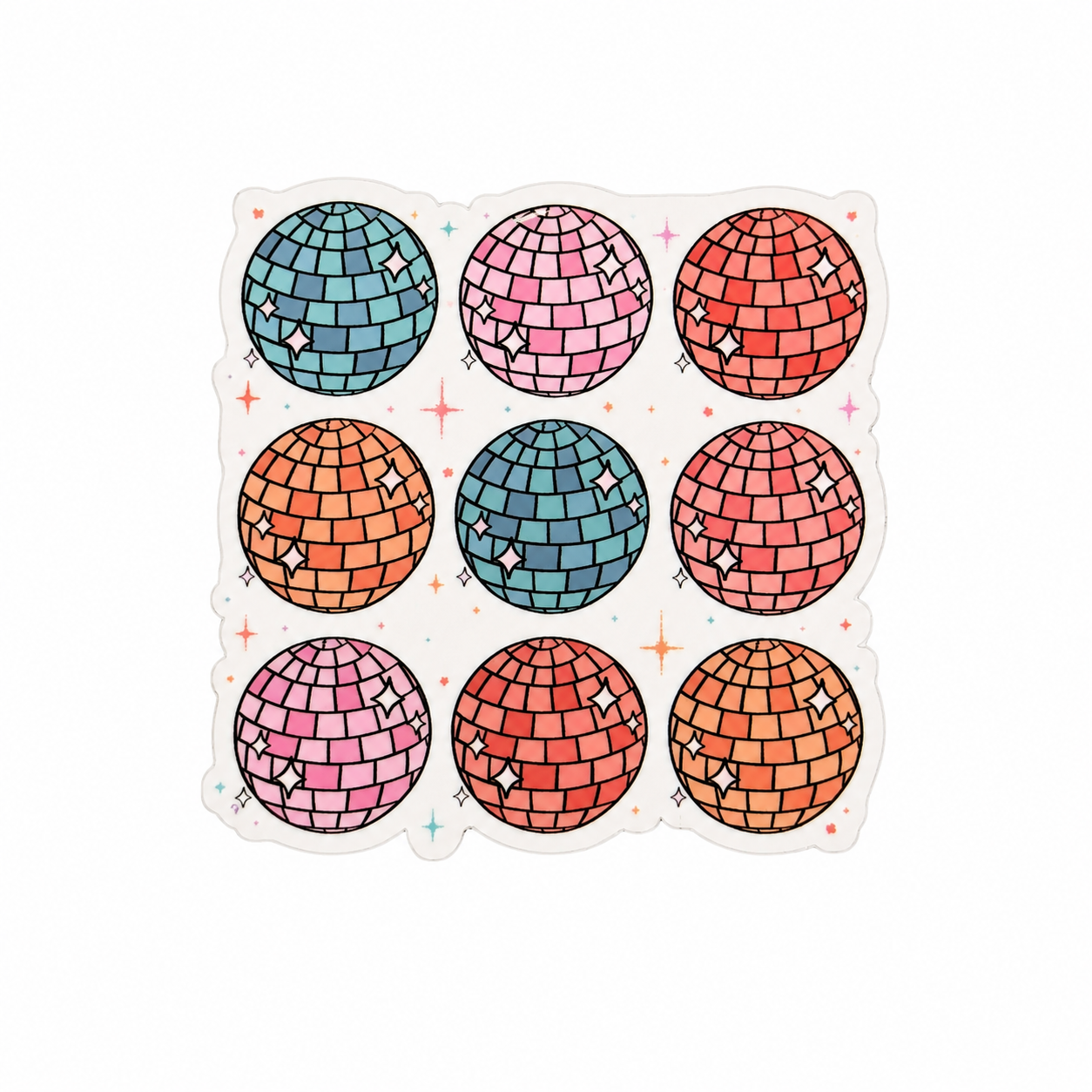 Disco Ball plastic add-on featuring colorful pastel disco balls with sparkling stars, compatible with interchangeable badge reel bases for a retro disco accessory.