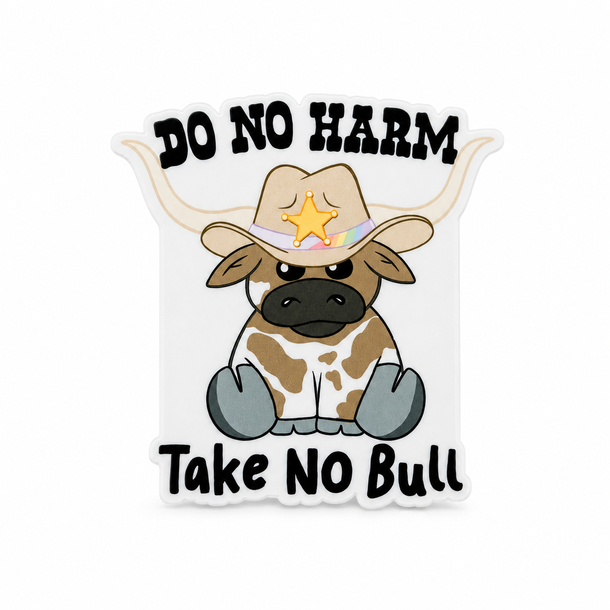 DO NO HARM Take NO Bull plastic add-on featuring a cute cowboy cow wearing a western hat, compatible with interchangeable badge reel bases, funny western animal accessory