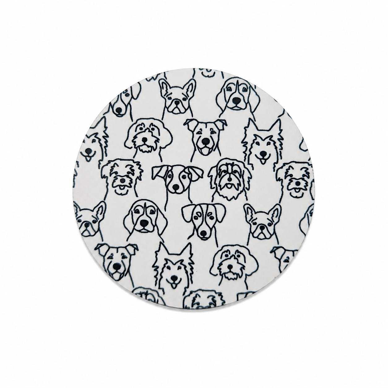 Dog Line Art hard board add-on featuring black line-art portraits of multiple dog breeds, compatible with interchangeable badge reel bases for dog lovers and veterinary staff.