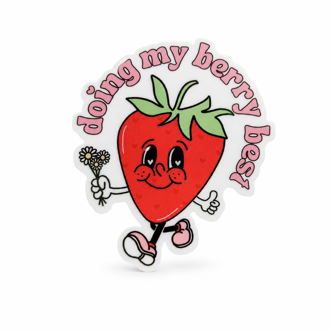 Doing My Berry Best plastic add-on featuring a smiling strawberry holding flowers, compatible with interchangeable badge reel bases for strawberry lovers.