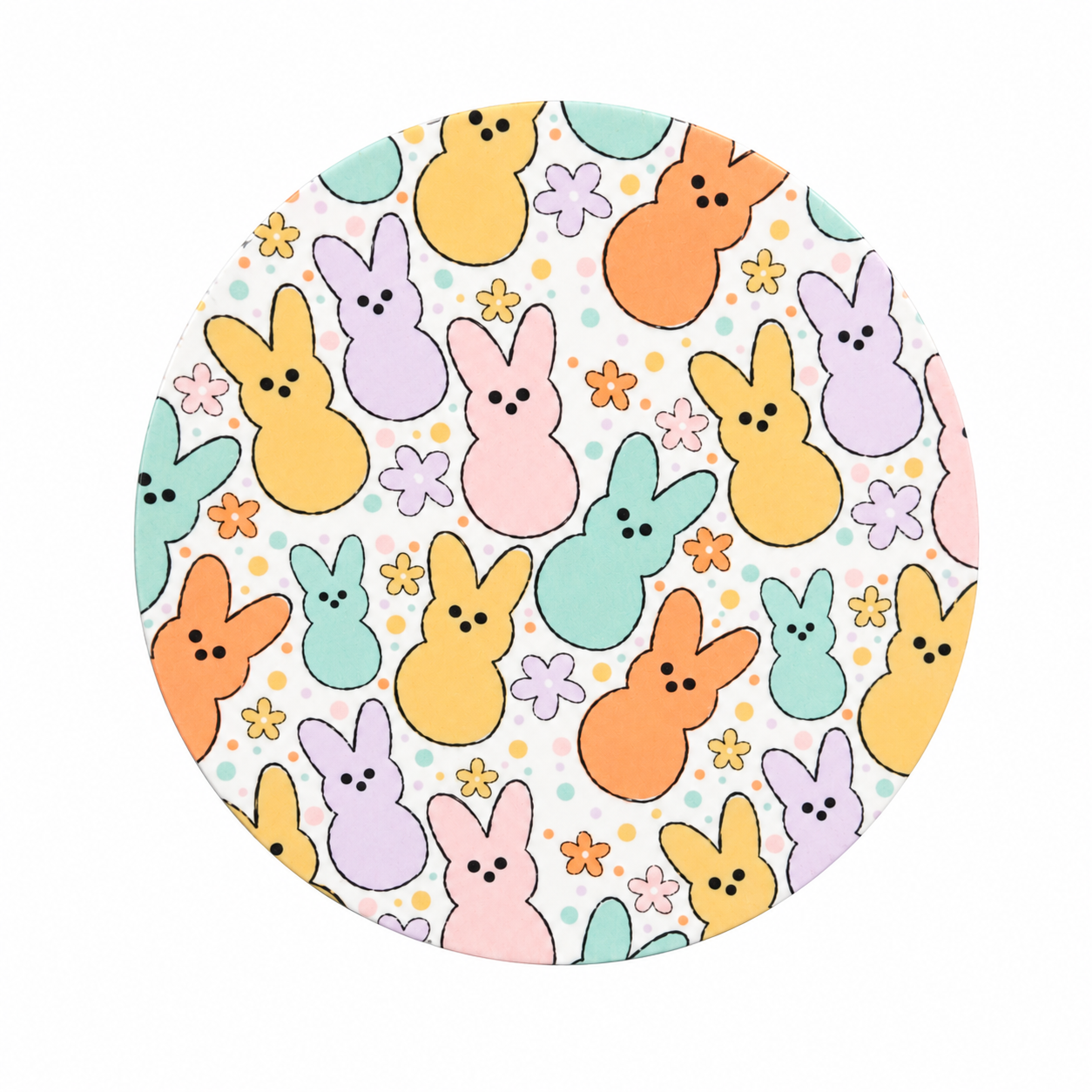 Pastel bunny hard board add-on featuring colorful marshmallow-style rabbits and tiny flowers, compatible with interchangeable badge reel bases.