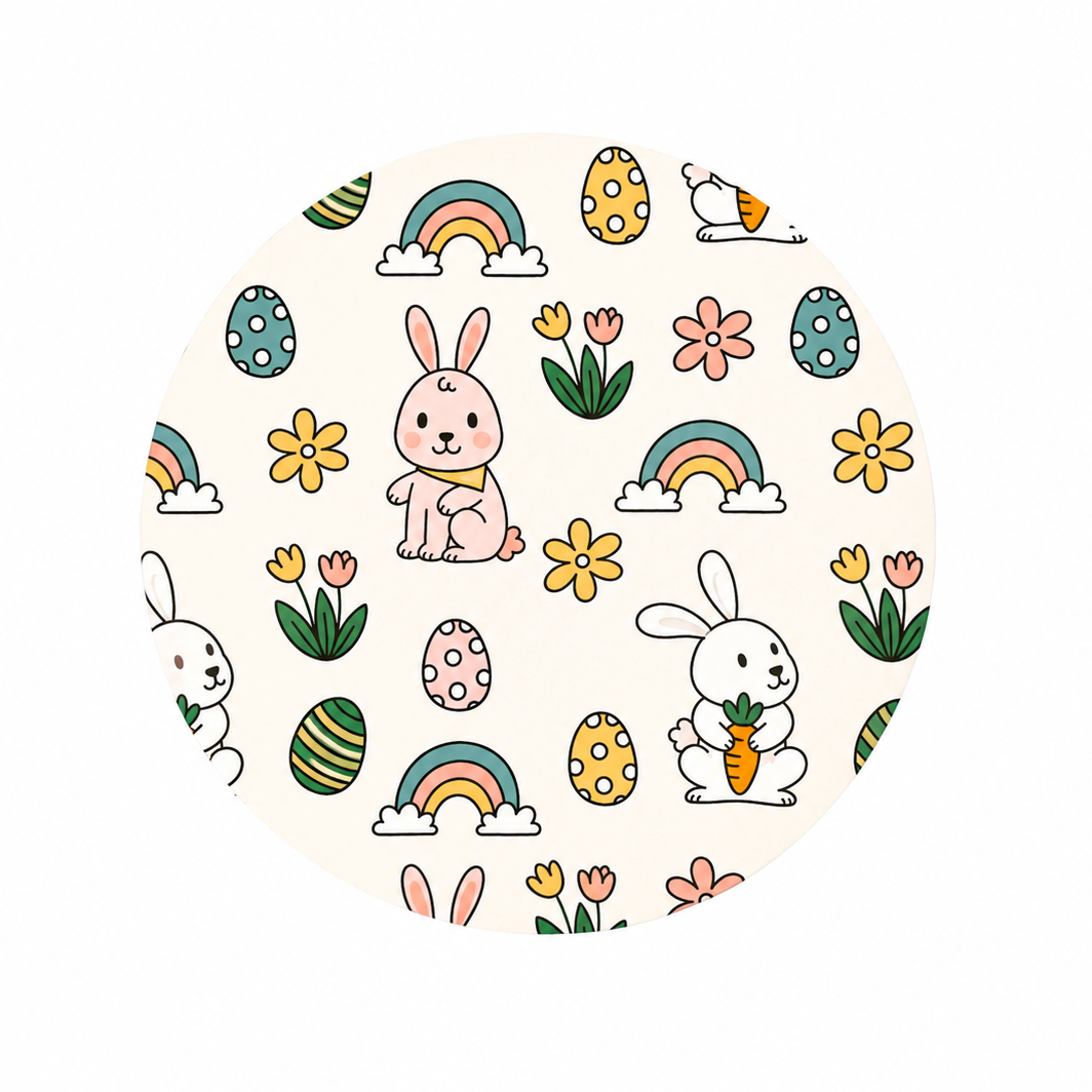 Easter Bunny & Rainbow hard board add-on featuring cute bunnies, Easter eggs, rainbows, tulips, and flowers, compatible with interchangeable badge reel bases.