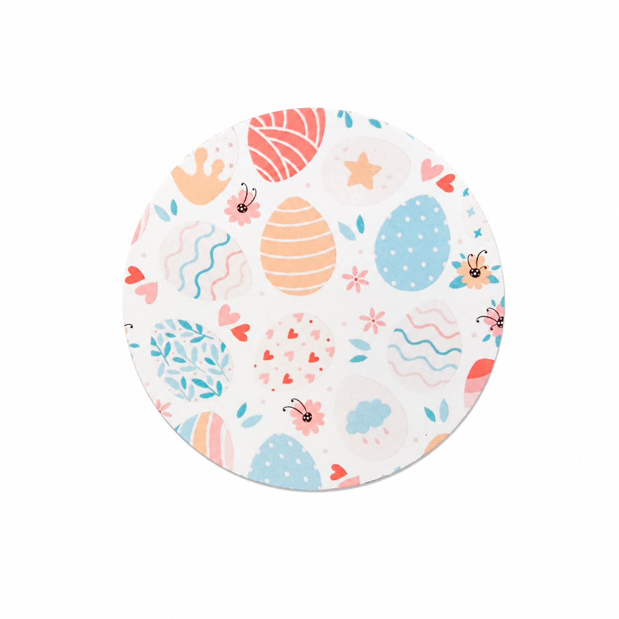 Pastel Easter egg hard board add-on featuring patterned eggs, flowers, hearts, and stars, compatible with interchangeable badge reel bases.