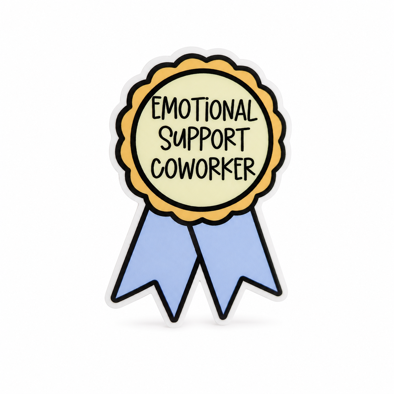 EMOTIONAL SUPPORT COWORKER plastic add-on shaped like a gold and blue award ribbon, compatible with interchangeable badge reel bases for work friends.