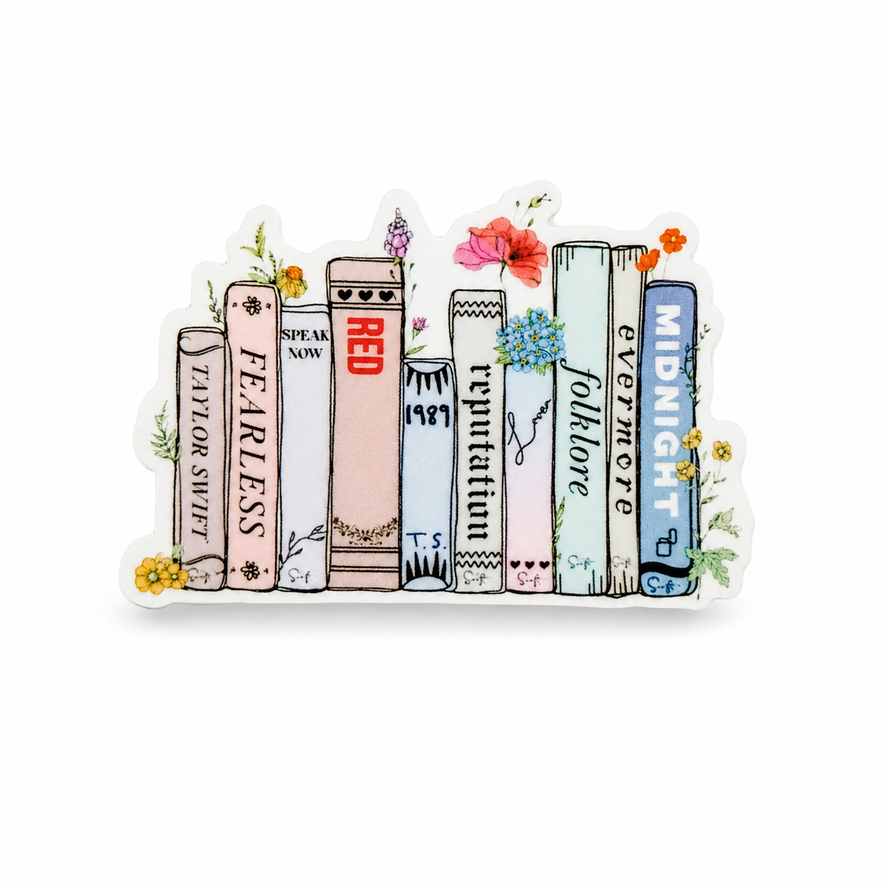 Eras Book plastic add-on with floral bookshelf and Taylor Swift inspired book spines, compatible with interchangeable badge reel bases.