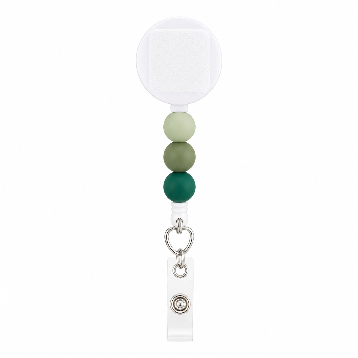 Eucalyptus badge reel featuring sage and green silicone beads with an interchangeable topper area on a retractable beaded badge reel.