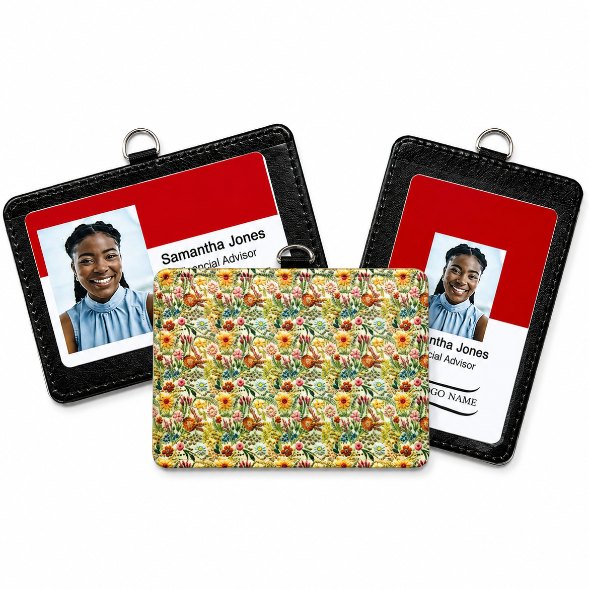 Embroidered Flowers ID Badge Holder