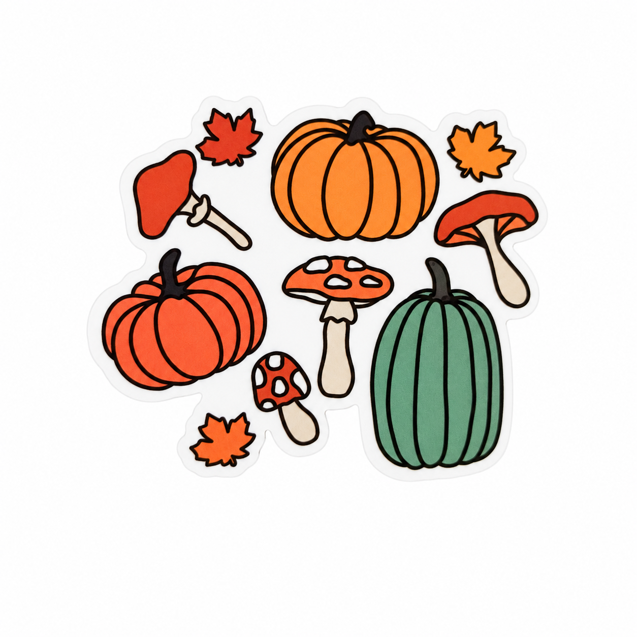 Fall pumpkin mushroom plastic add-on with pumpkins, mushrooms, and autumn leaves, compatible with interchangeable badge reel bases.