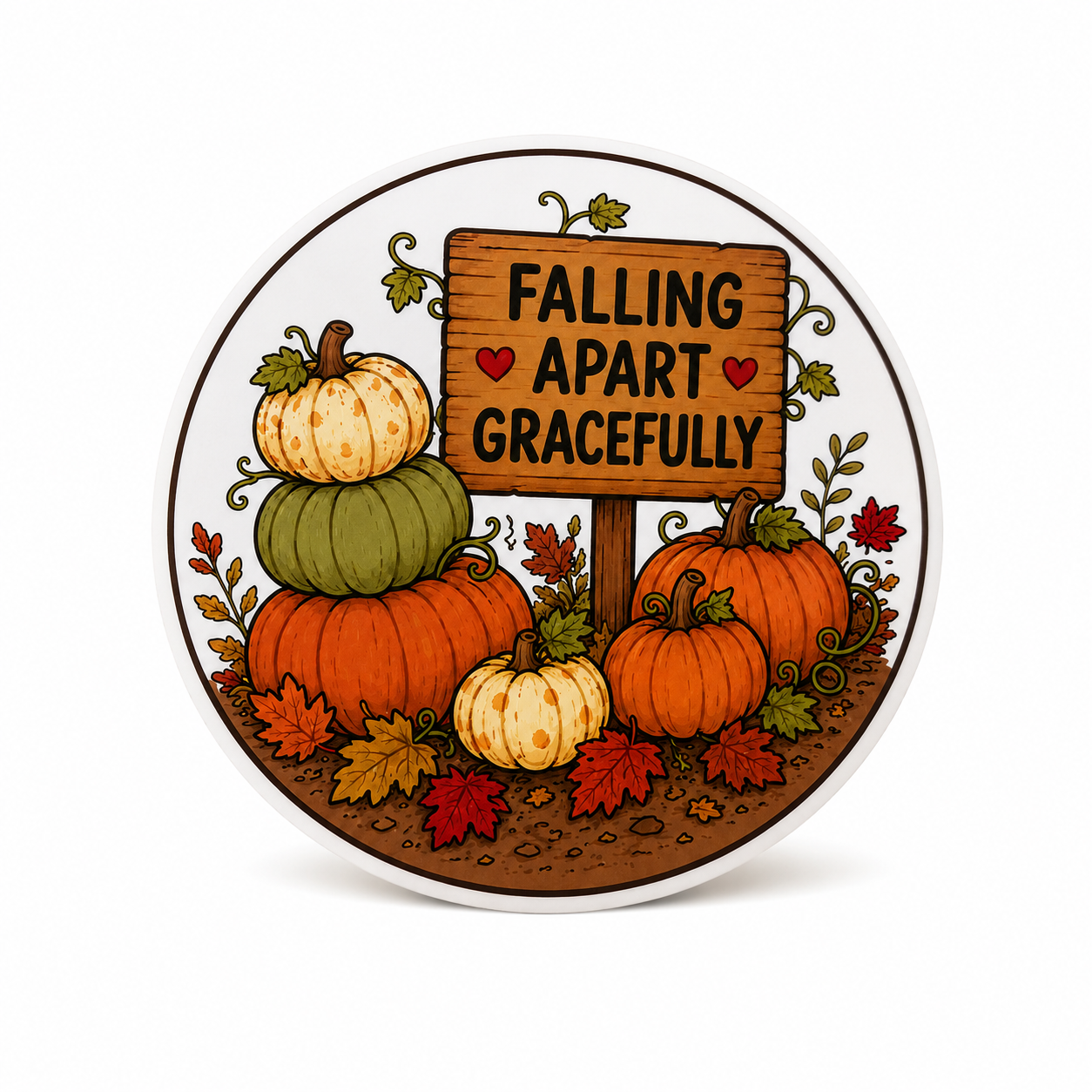 FALLING APART GRACEFULLY plastic add-on featuring stacked pumpkins, colorful fall leaves, and a rustic sign, compatible with interchangeable badge reel bases.