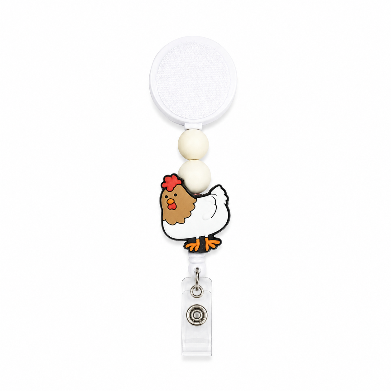 Farmhouse chicken badge reel with a white retractable reel, neutral cream silicone beads, and a cute chicken topper for nurses, teachers, veterinary professionals, and farm lovers.
