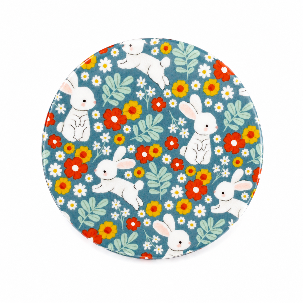 Floral bunny hard board add-on with white rabbits, orange and yellow flowers, and green leaves, compatible with interchangeable badge reel bases.