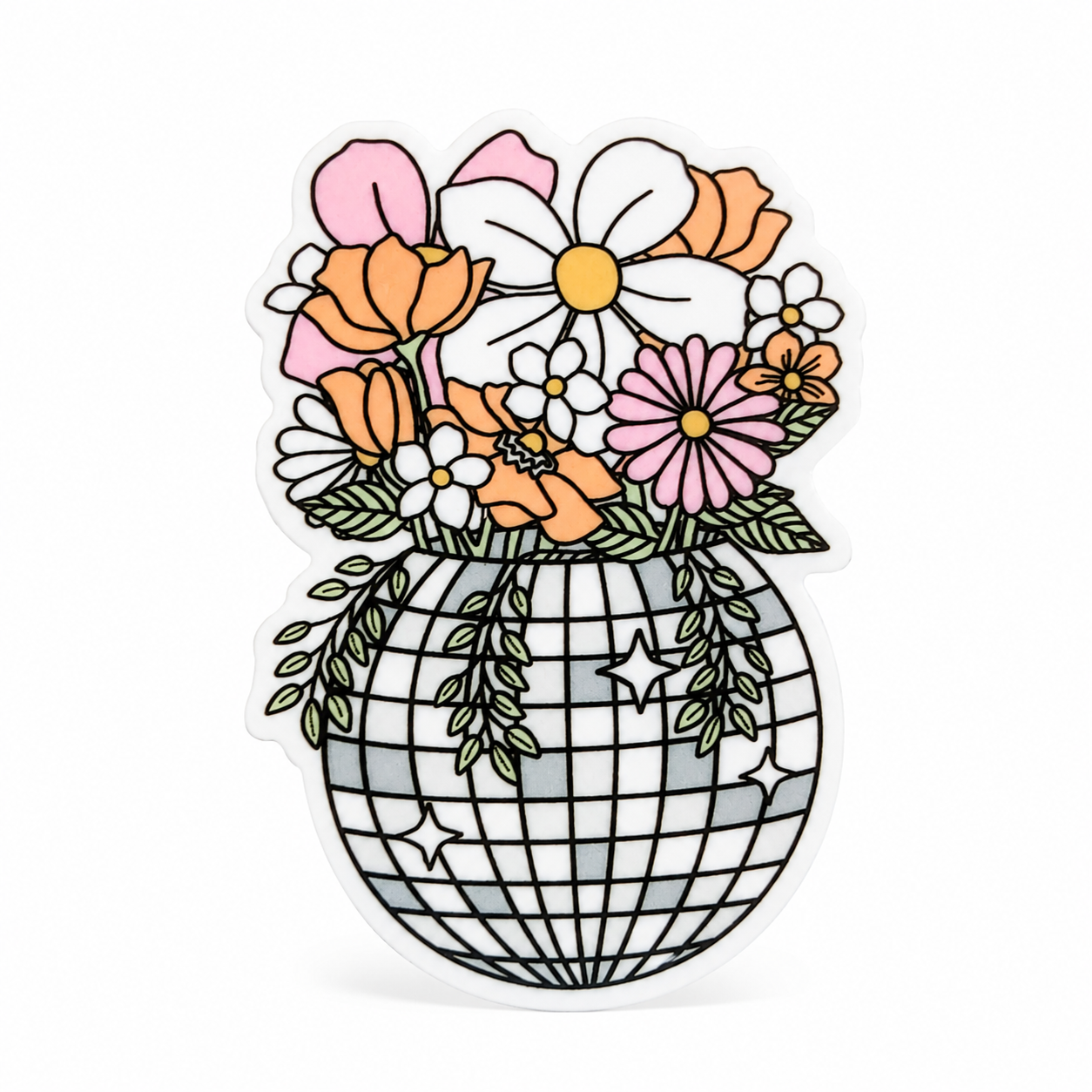 Floral disco ball plastic add-on with pink, peach, orange, and white flowers, compatible with interchangeable badge reel bases for flower lovers