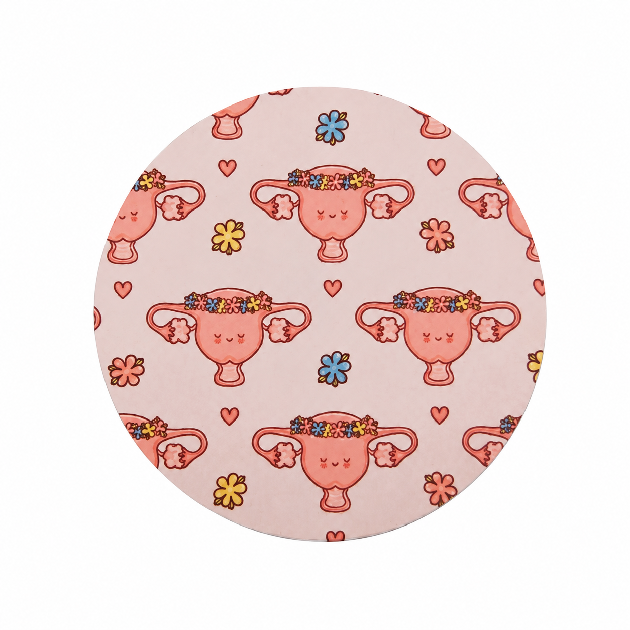 Floral Uterus hard board add-on featuring smiling uterus illustrations with flower crowns, hearts, and flowers on a pink background, compatible with interchangeable badge reel bases.