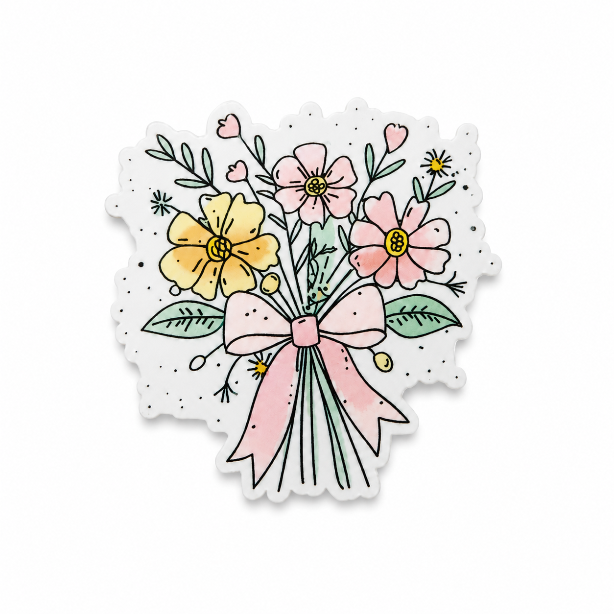 Pastel wildflower bouquet plastic add-on featuring pink and yellow flowers tied with a ribbon, compatible with interchangeable badge reel bases, floral accessory