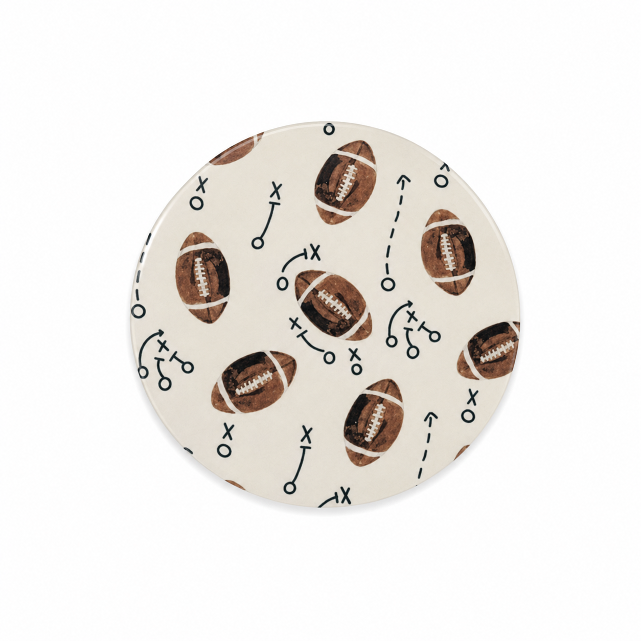 Football Plays hard board add-on featuring brown footballs, route arrows, and playbook diagrams, compatible with interchangeable badge reel bases for football fans.
