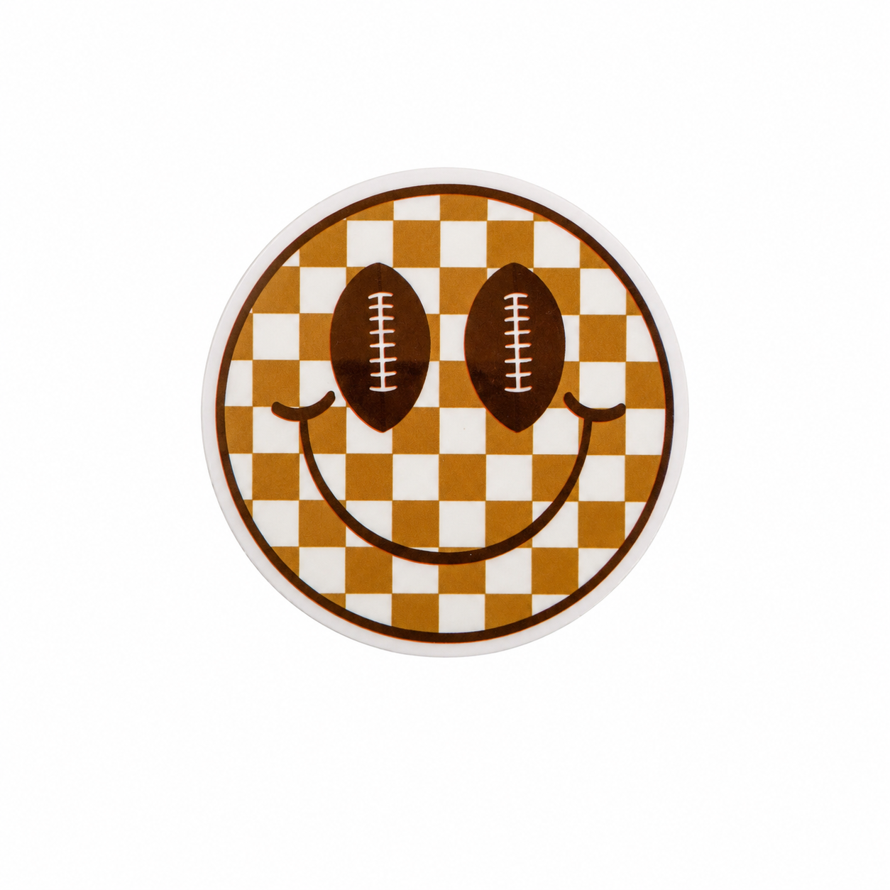 Football smiley face plastic add-on with football eyes and brown checkered design, compatible with interchangeable badge reel bases.
