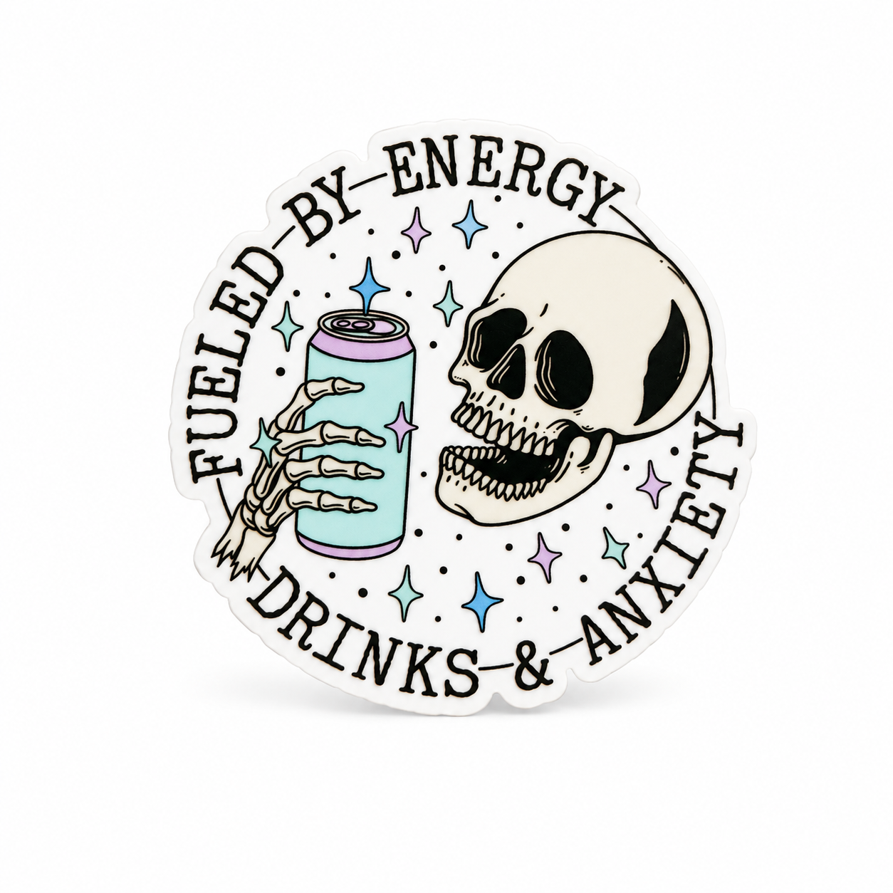 FUELED BY ENERGY DRINKS & ANXIETY plastic add-on with a skull, skeleton hand, energy drink can, and pastel sparkles, compatible with interchangeable badge reel bases.