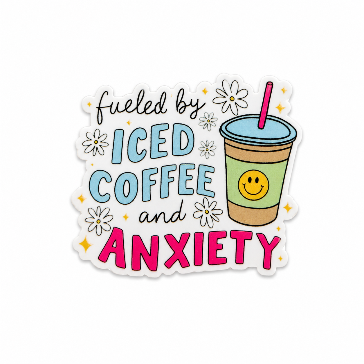 Cute pastel fueled by iced coffee and anxiety plastic add-on with smiley coffee cup compatible with interchangeable badge reel bases for nurses and healthcare workers.