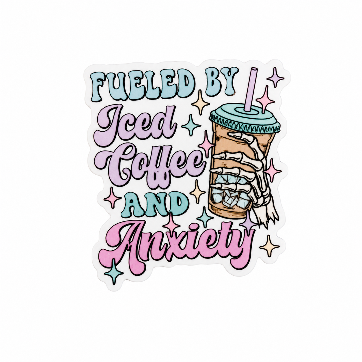 Fueled by Iced Coffee AND Anxiety plastic add-on featuring an iced coffee cup design, compatible with interchangeable badge reel bases.
