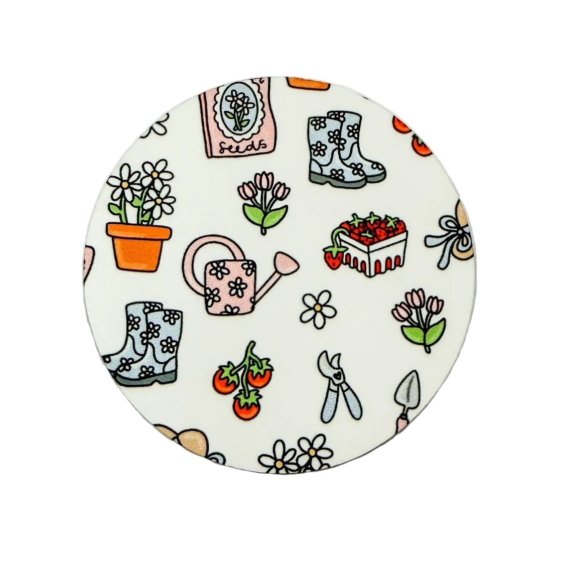 Gardening hard board add-on featuring flower pots, tulips, daisies, rain boots, watering can, strawberries, seed packets, and gardening tools, compatible with interchangeable badge reel bases.