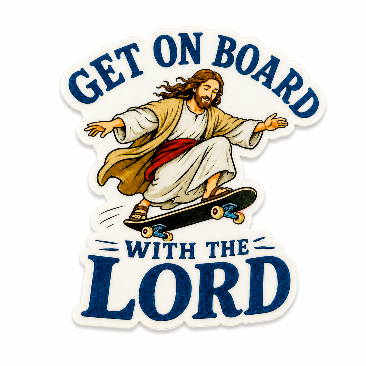 Get On Board With The Lord plastic add-on featuring Jesus riding a skateboard, compatible with interchangeable badge reel bases and perfect as a funny Christian gift.