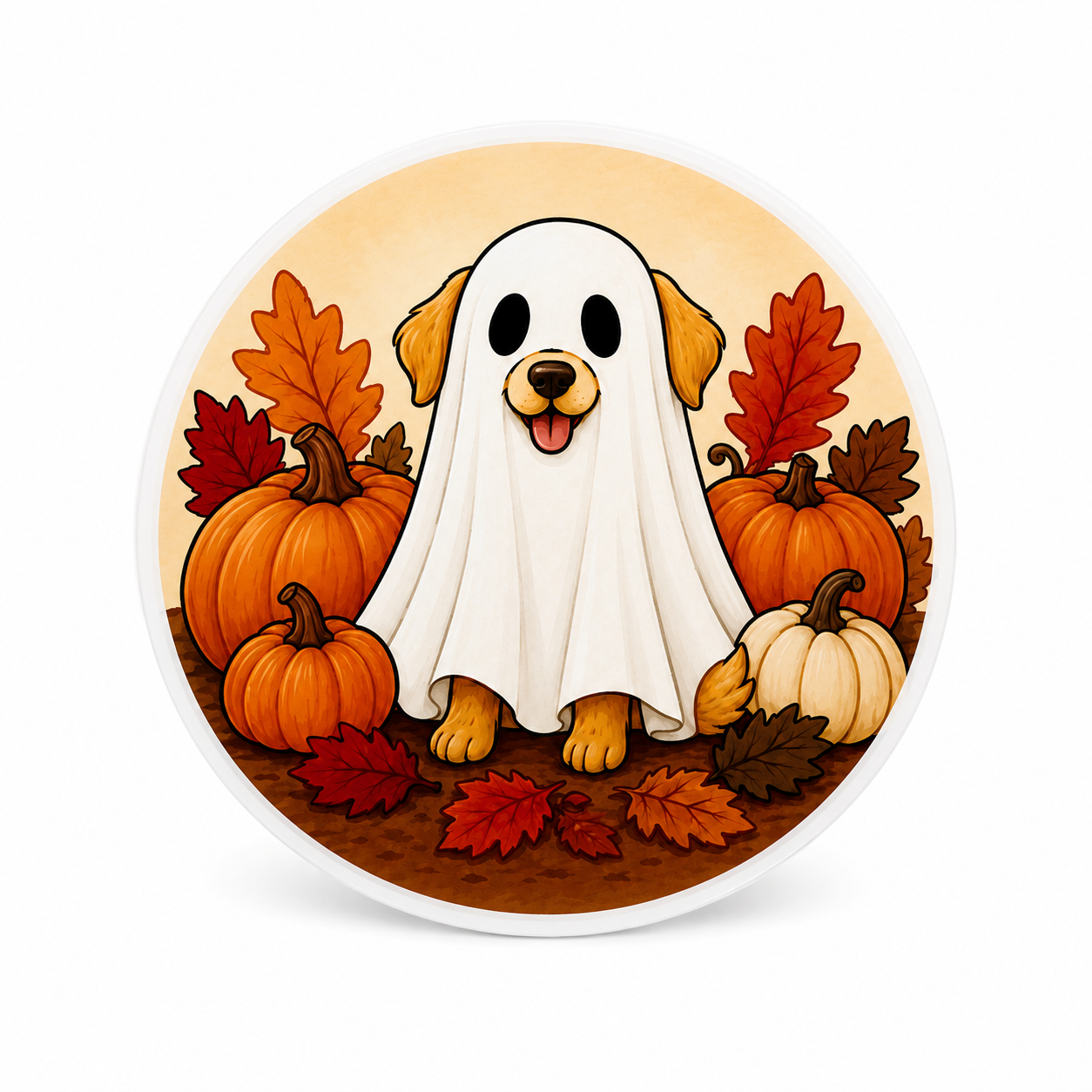 Ghost Dog plastic add-on with a cute dog in a ghost costume, pumpkins, and fall leaves, compatible with interchangeable badge reel bases.