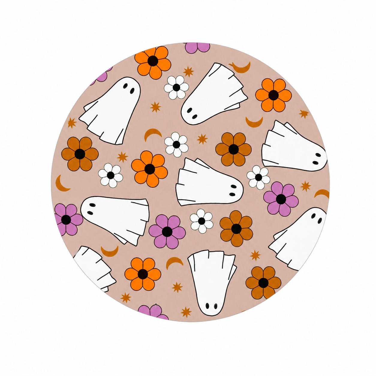 Ghost Flower Pattern hard board add-on featuring cute white ghosts, retro flowers, stars, and crescent moons on a blush background, compatible with interchangeable badge reel bases.