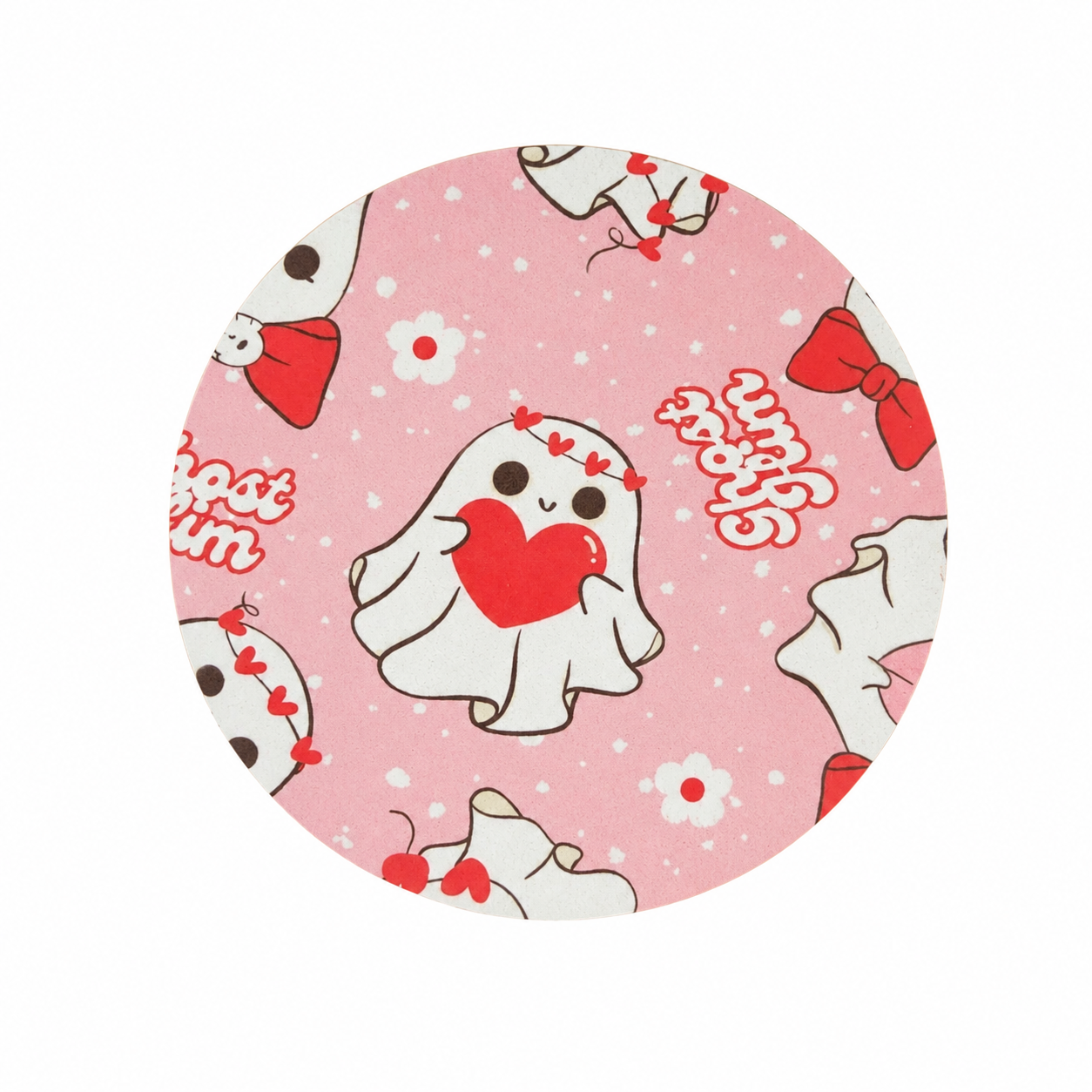 Ghost with Heart hard board add-on featuring a cute ghost holding a red heart with bows and flowers on a pink Valentine's background, compatible with interchangeable badge reel bases.