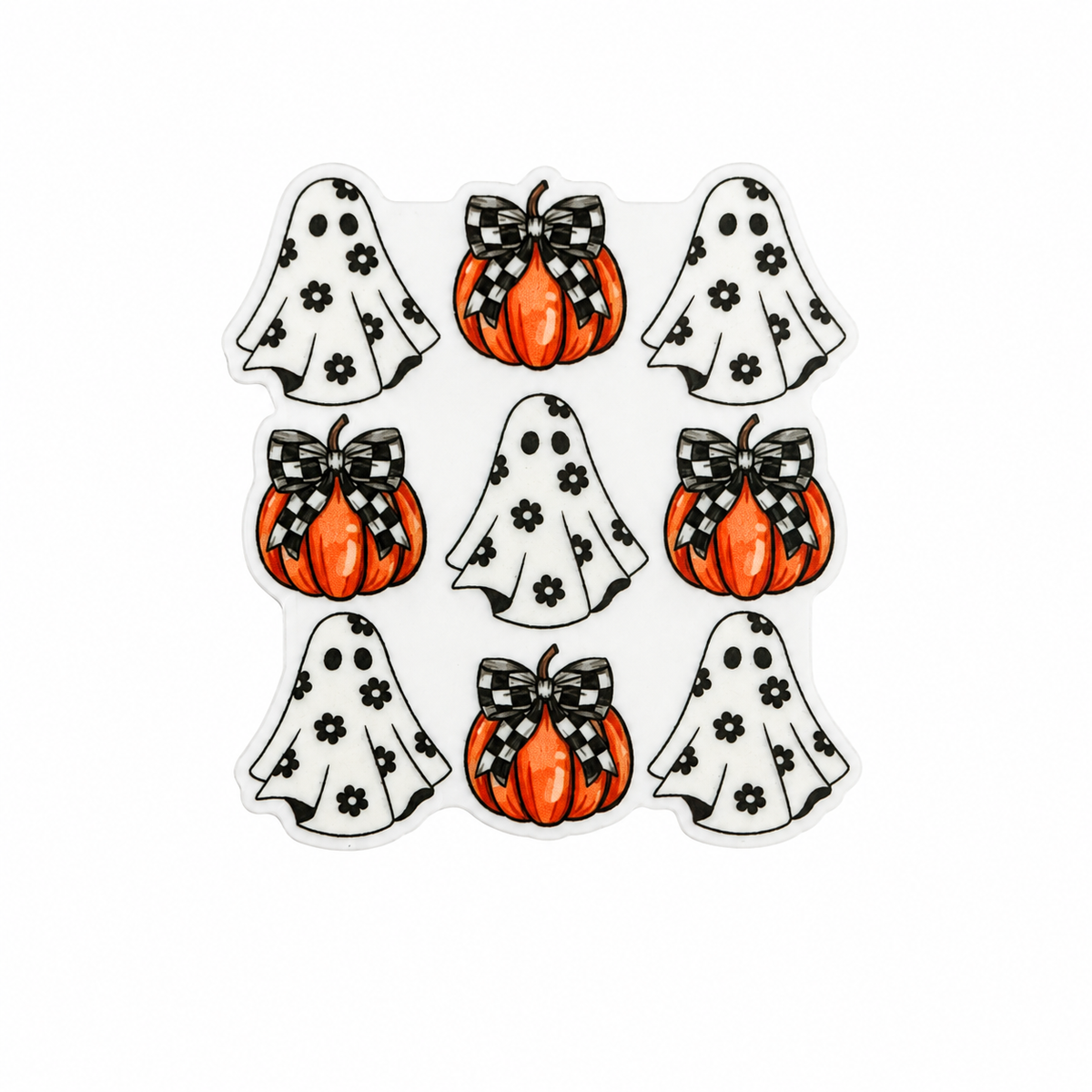 Plastic add-on featuring cute ghosts with floral details and pumpkins with black and white checkered bows, compatible with interchangeable badge reel bases and perfect for Halloween accessories.