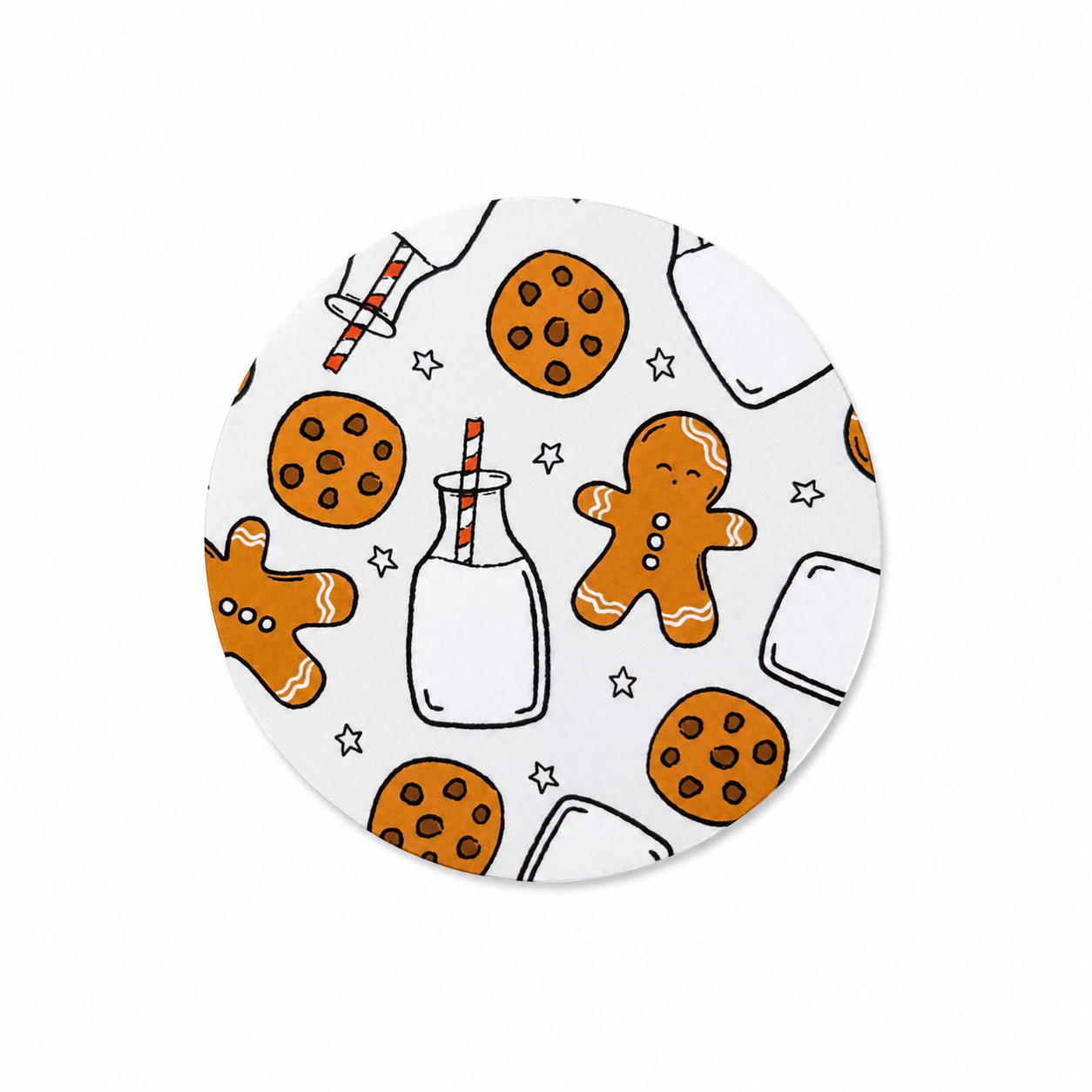 Christmas hard board add-on featuring gingerbread people, chocolate chip cookies, milk bottles, striped straws, and stars, compatible with interchangeable badge reel bases.